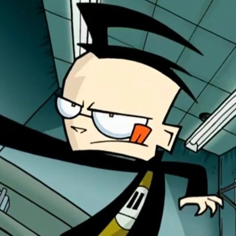A 12-year-old boy with a large forehead and black hair styled in a pronounced spike, round glasses, a black trenchcoat, and a mucky yellow-green shirt with a blank face graphic. He's reaching for something offscreen with a focused look on his face, and his tongue is sticking out.