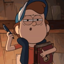 A 12-year-old boy with messy brown hair, a white cap with a blue pine tree in the middle, an orange shirt, and dark blue vest, and pronounced eyebags. He's holding a key in one hand and smiling.
