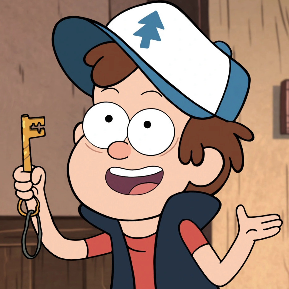 A 12-year-old boy with messy brown hair, a white cap with a blue pine tree in the middle, an orange shirt, and dark blue vest, and pronounced eyebags. He's holding a key in one hand and smiling.