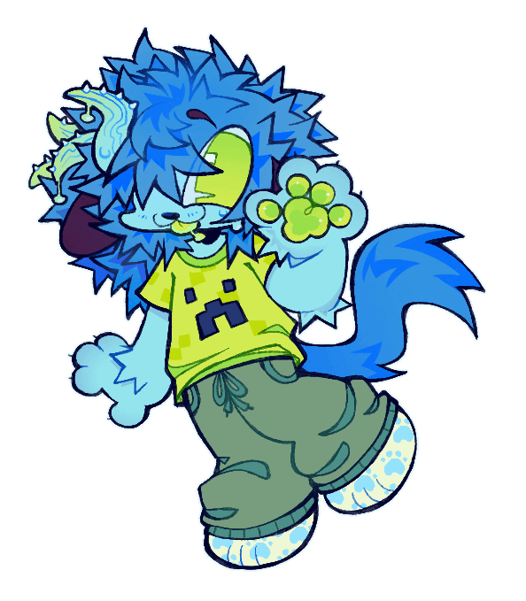 a cartoony animated gif of a blue anthropomorphic dog wagging its tail